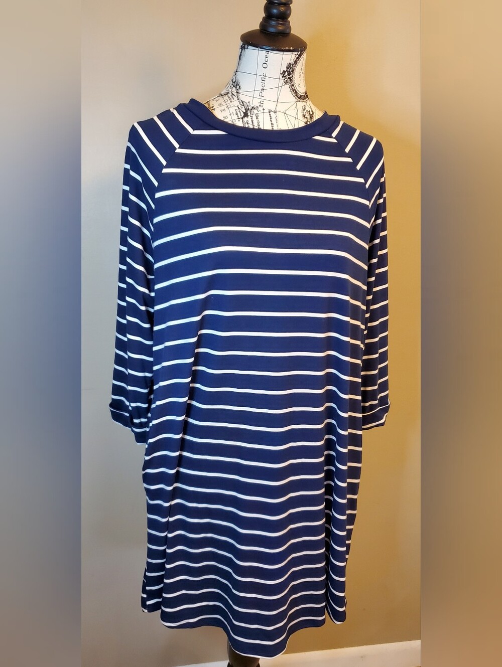 Jess Lea Women L Navy White Striped T Shirt Mini Dress Pockets 3/4 Sleeve USA